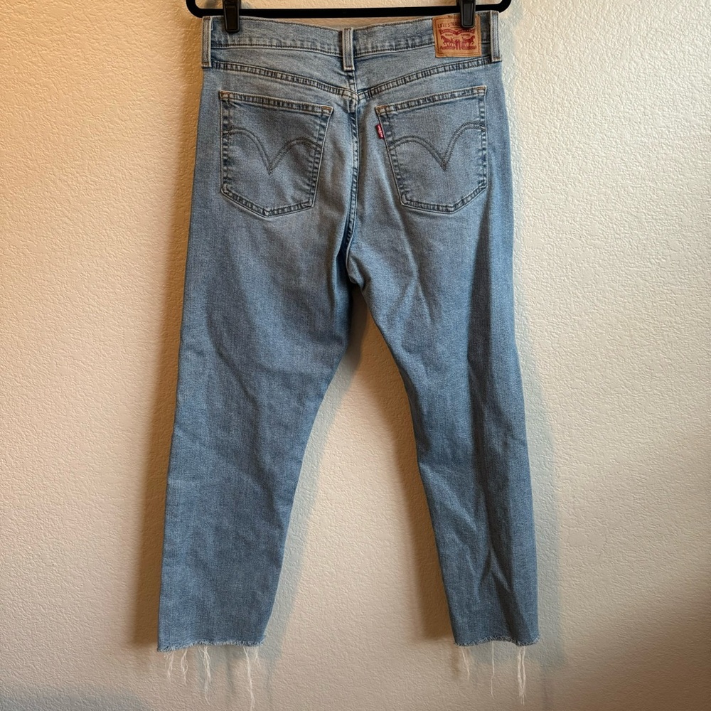 Levis Wedgie Straight Jeans Womens 32 Blue Distressed Raw Hem Button Fly Casual